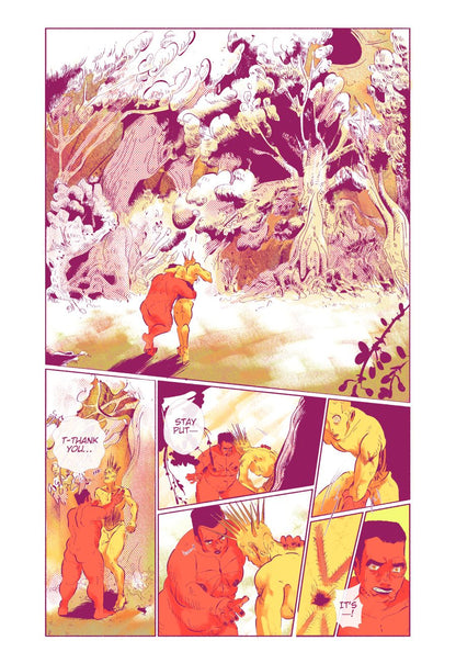 Page 3: The interior is the complete opposite to the arid outside. Here there are huge, ancient and leafy trees surrounding them. The two figures are walking towards the central tree, the Lichen supporting itself by slinging an arm over the Cacti’s left shoulder, while it is supported by the waist with the Cacti’s right arm. It thanks the Saintess while the latter helps the staggering Lichen against the solid trunk of a tree. The Saintess asks of It to stay put then her sharp gaze finds a raw...