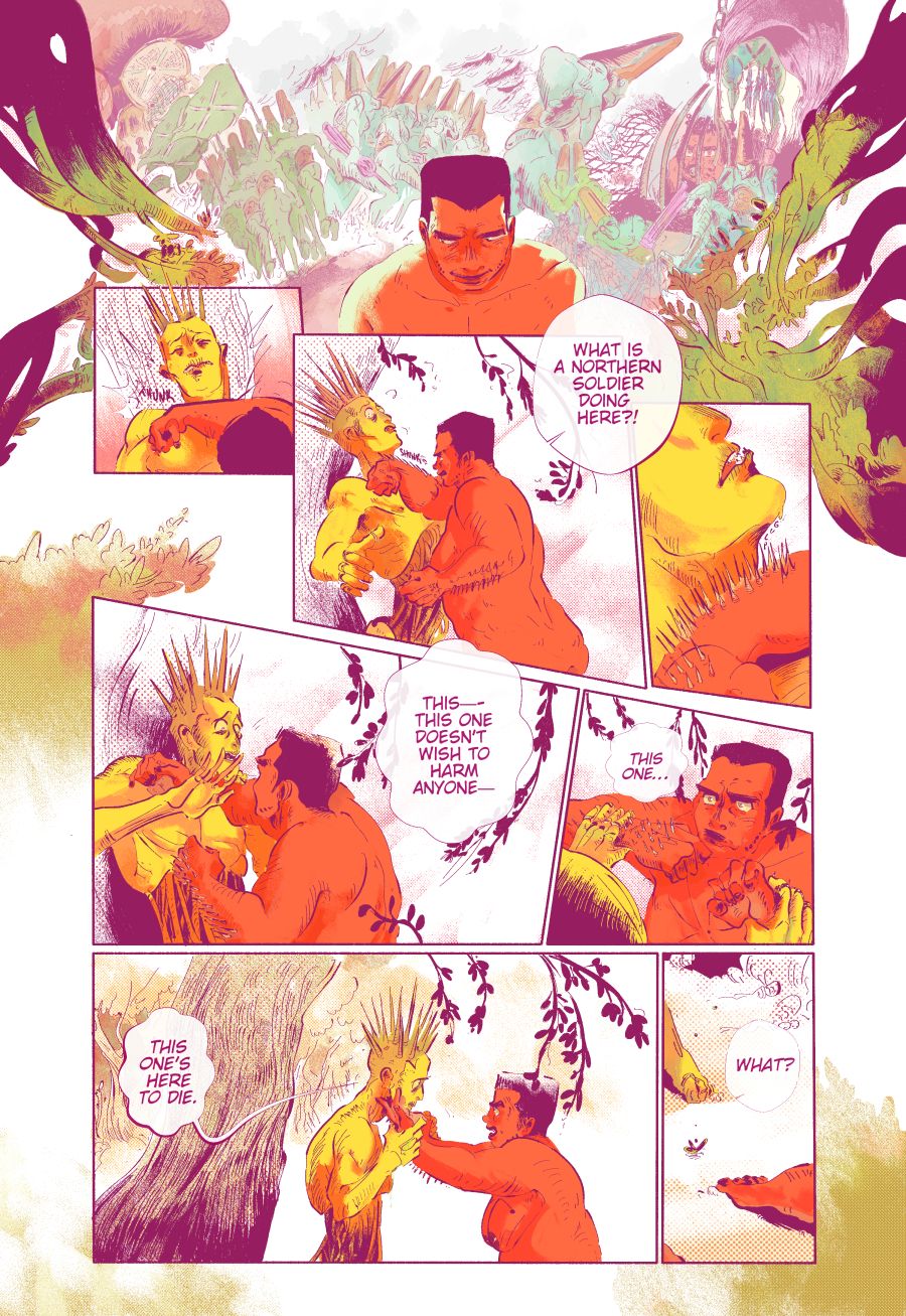 Page 4: There is a brief series of flashbacks in which the Cacti remembers figures similar as the Lichen. An army of them walking holding the same gouvernement flag, adorned with the same cross motif as the Lichen. We see a younger version of the Saintess being captured then put in a cage, surrounded by similar Lichen figures, all wearing the same criss-cross scar. In reaction to the memory, she pushes the Lichen against the tree trunk and threatens it with the thorns on her arm, sharp and ready...