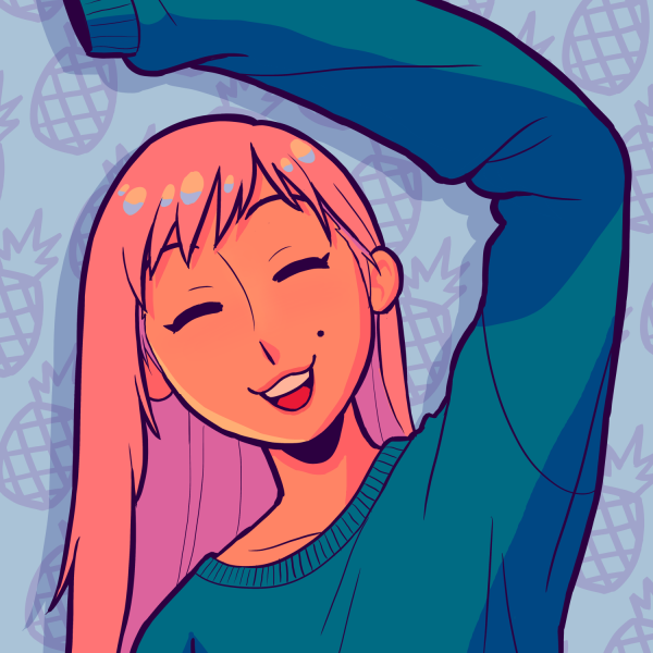 A tan girl with long pink hair waving her arm and smiling at the camera. She is wearing a very oversized sweater which the sleeves cover her hand in frame well beyond her fingers.