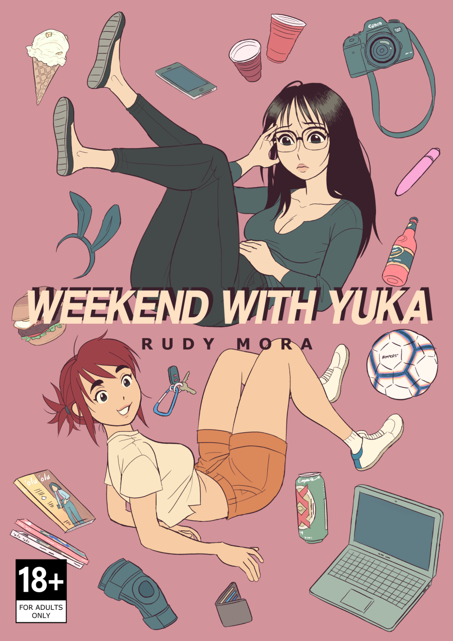 Two women are floating in reclining positions with various objects floating around them. The woman with black hair and dark clothing has a worried expression while the other woman with red hair and casual clothing is smiling.