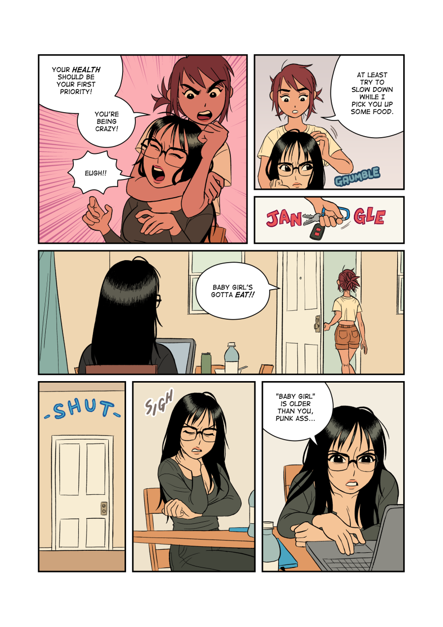 Ren lays on top of Yuka after a very tense moment. The two bicker and annoy each other before Ren grabs Yuka's hands and tries to get her to talk about what's been making her so stressed out. Yuka avoids eye contact as she struggles to vocalize her worries.