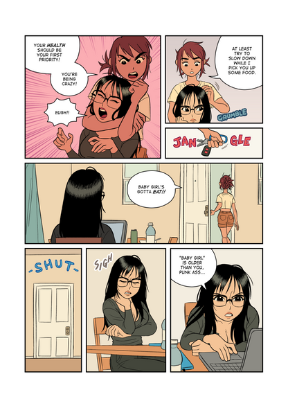 Ren lays on top of Yuka after a very tense moment. The two bicker and annoy each other before Ren grabs Yuka's hands and tries to get her to talk about what's been making her so stressed out. Yuka avoids eye contact as she struggles to vocalize her worries.