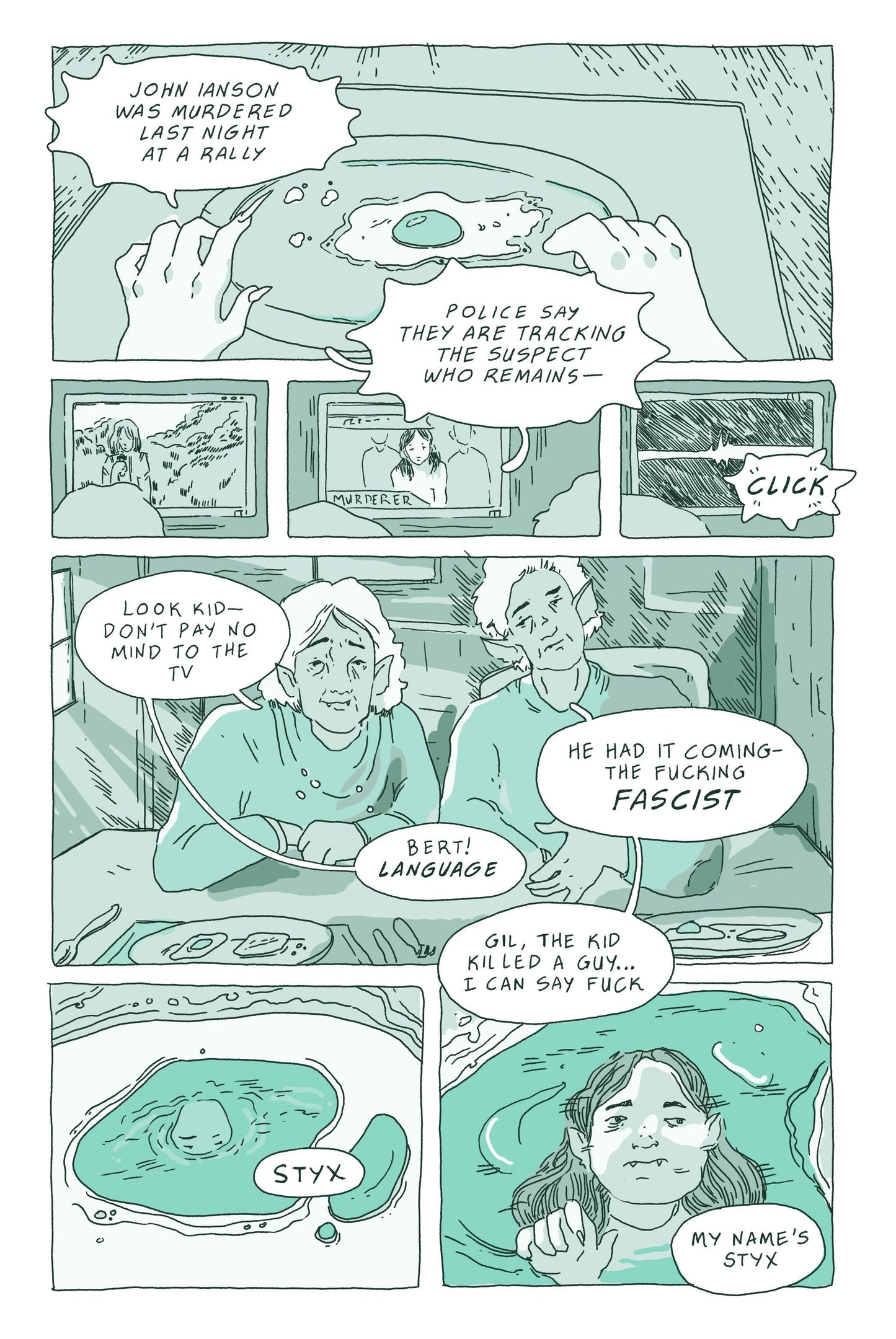 Sample Page 2: The convo from the previous page carries over in dialogue while the panels show a flashback to Phoebe as a child. In the first panel, the Emma asks, “You just knew this was the place for you?” and we see young Phoebe playing a space-themed game on a handheld gaming device in the backseat of a car. In the second panel, the Phoebe responds, “Kinda.” and we see the girl losing the game and tossing it to the side, looking out the window. In the third panel, Emma responds, “Kinda?” and we see youn