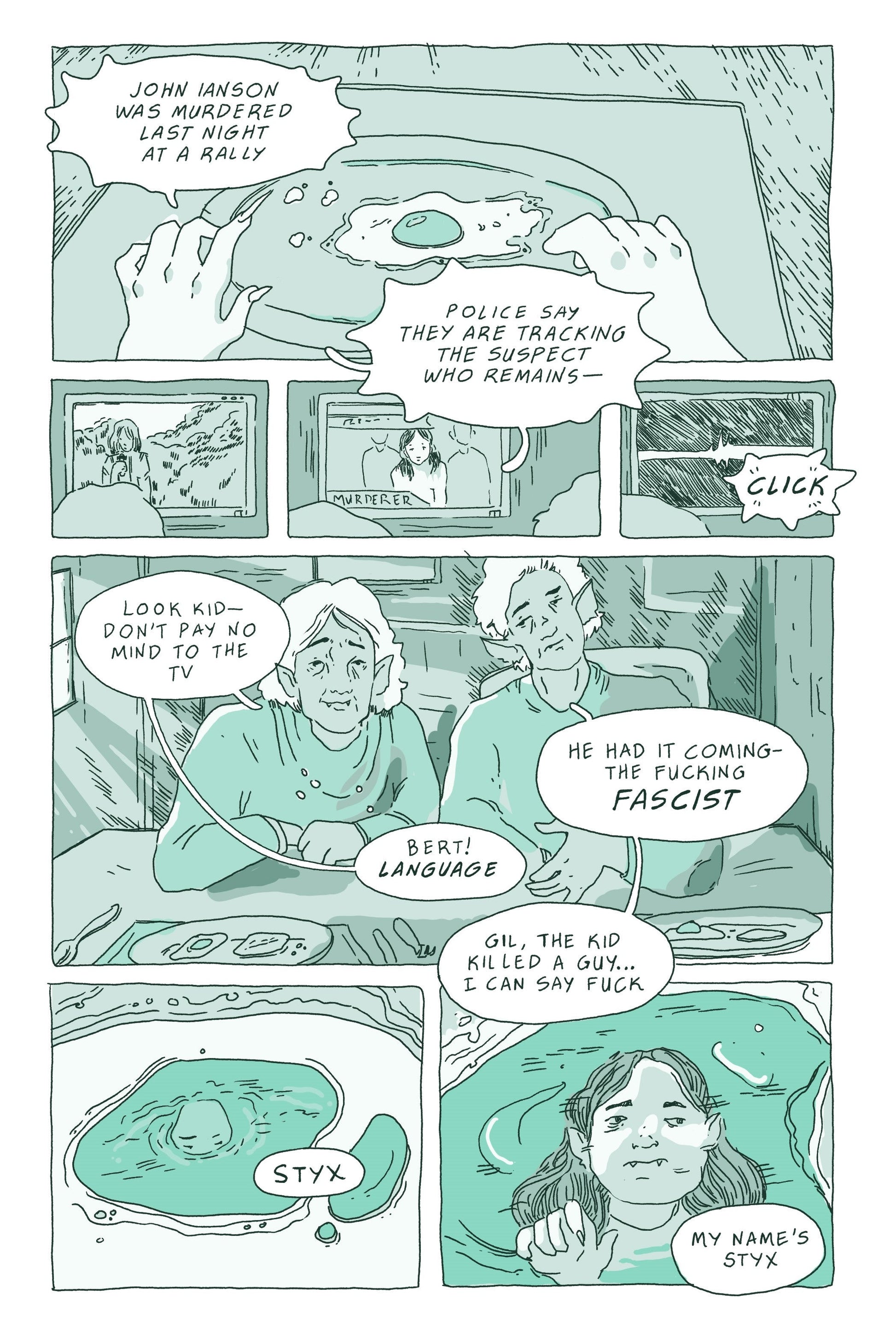 Sample Page 2: The convo from the previous page carries over in dialogue while the panels show a flashback to Phoebe as a child. In the first panel, the Emma asks, “You just knew this was the place for you?” and we see young Phoebe playing a space-themed game on a handheld gaming device in the backseat of a car. In the second panel, the Phoebe responds, “Kinda.” and we see the girl losing the game and tossing it to the side, looking out the window. In the third panel, Emma responds, “Kinda?” and we see youn