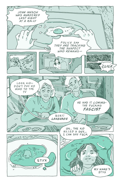 Sample Page 2: The convo from the previous page carries over in dialogue while the panels show a flashback to Phoebe as a child. In the first panel, the Emma asks, “You just knew this was the place for you?” and we see young Phoebe playing a space-themed game on a handheld gaming device in the backseat of a car. In the second panel, the Phoebe responds, “Kinda.” and we see the girl losing the game and tossing it to the side, looking out the window. In the third panel, Emma responds, “Kinda?” and we see youn