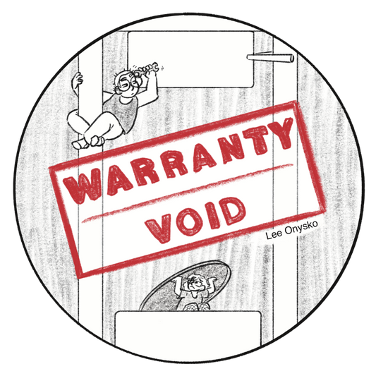 A grayscale cover showing the bars of a button maker. An older version of the author scales the bar looking puzzled, while a younger version hides beneath a button shell. Title text in red reads Warranty Void, black text underneath reads Lee Onysko.