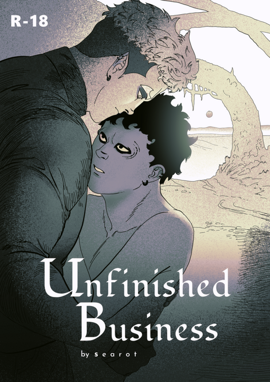 A comic cover titled "Unfinished Business" by searot. The comic is rated for adults. The cover shows a man with white hair embracing a shirtless man with darker hair. They're both looking at each other. In the distance a circular rock formation and distant mountains can be seen.
