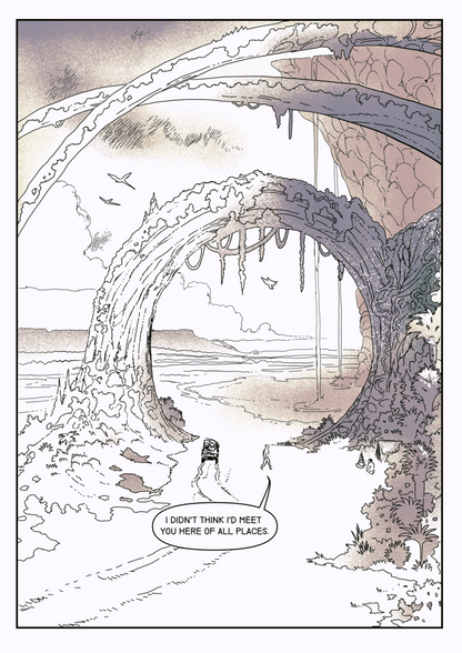 A digital drawing of a landscape with a round circular landform caked with foliage as the focal point. There are arching curved forms overhead. Some cliffs and mountains are in the distance. Some birds fly around. A car can be seen on the left and a person is approaching someone sitting by a tent.