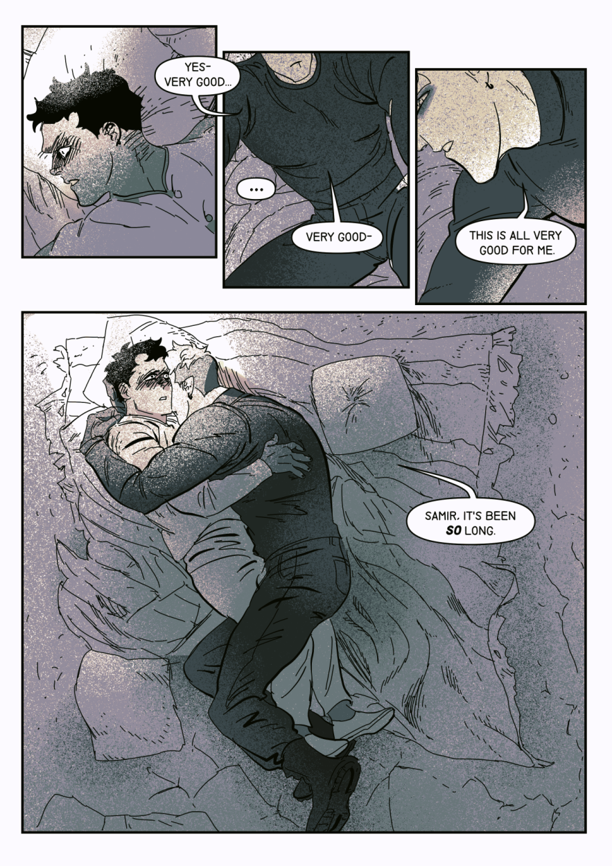 The man with the white hair hugs the other man atop some blankets and pillows. The white haired man mentions that it's been a long time since they've seen the other. 