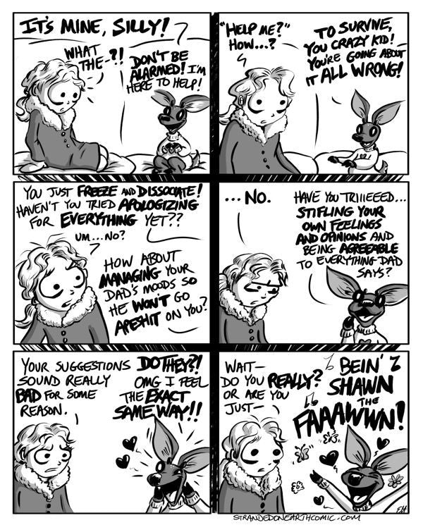 Preview of page 12, Leora is on the couch, still in her winter coat, talking to a small woodland creature resembling a baby deer. She had heard a strange, disembodied voice she mistook for her own, but looking next to her she sees it came from this apparition. "It's mine, silly!", the creature says (referring to their voice). Dialogue ensues:
Deer: Don't be alarmed, I'm here to help!
Leora: Help me? How - 
Deer: To survive, you crazy kid! You're going about it all wrong! You just freeze and...