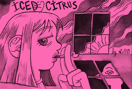 Cover Alt Text: Traditionally inked illustration of the side profile of the main character — The Ghost — smoking in front of a closed window where is seen the sun rising. In the window’s shadow another side profile is drawn of another woman — ‘She’, the lost love. 