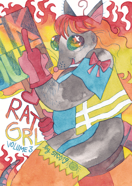 Cover Alt Text: Watercolor illustration of the heroine RatGirl in her magical girl uniform, thigh-up without background. RatGirl is an anthropomorphic rat woman with long wavy hair, literally on fire at its end. She is smiling face camera, flipping us off with her left hand while holding her magical wand in her right one. Her outfit consists of a bodysuit, a "gilet jaune" over it (a yellow vest that was used as a symbol in French riots), high-tight boots held to the bodysuit with garter belts, and cleaning 