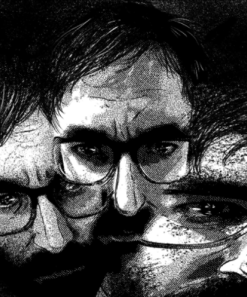 a bearded man's face wearing glasses repeated 3 times, slightly blended and cropped