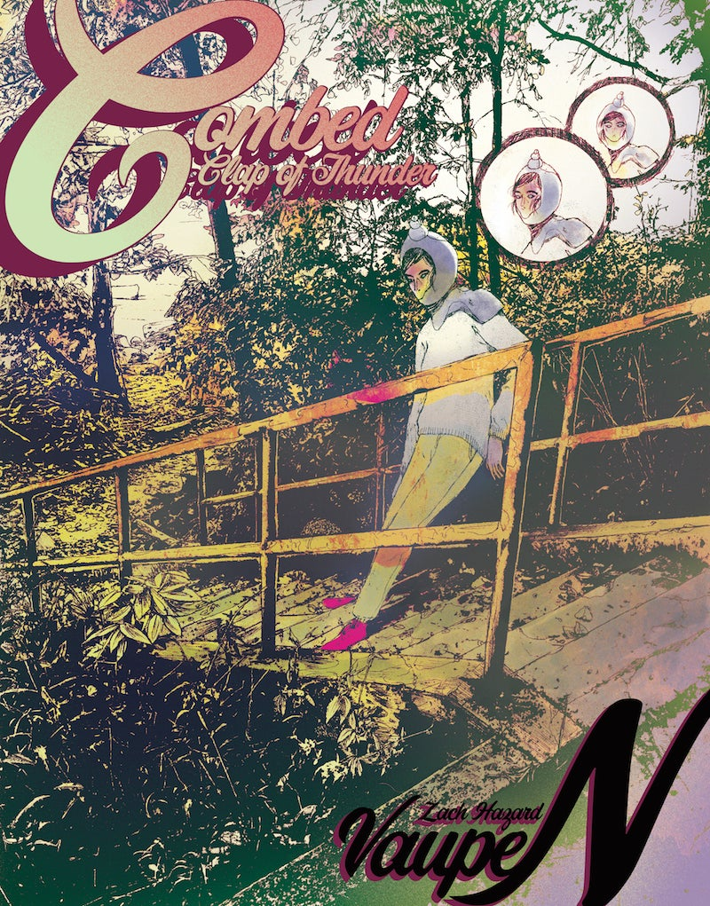 Cover - person with scifi helmet standing on staircase surrounded by plants and trees. Says "Combed Clap of Thunder" and "Zach Hazard Vaupen" in a cursive style font. 