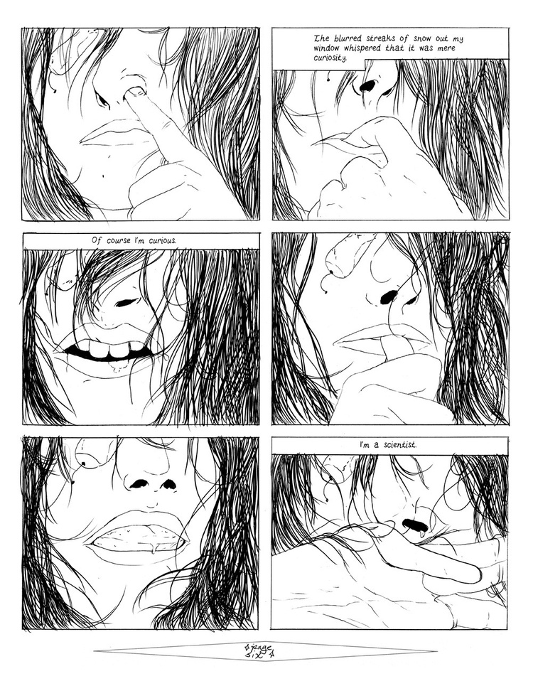 1 - 6 panels, close up on face picking nose, eating booger, biting nail and spitting it out and then wiping their mouth.