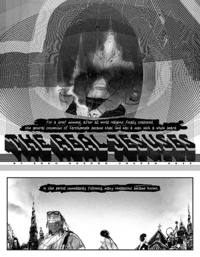 2 - An obscured panel of a man with a long white beard, the title THE REAL JESUSES, a panel of people in various futuristic dresswear stand in front of a backdrop of the sky with the tops of cathedrals poking up.