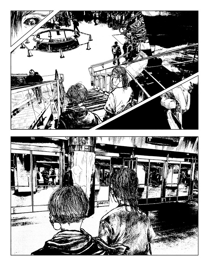 3 - 2 people with cybernetic attachments to their faces descend a staircase into the subway across 4 panels. 