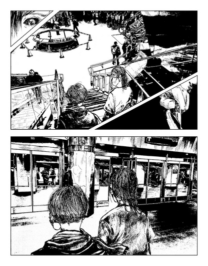3 - 2 people with cybernetic attachments to their faces descend a staircase into the subway across 4 panels. 