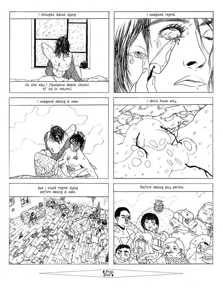 4 - a monologue told across 6 panels about dying and cannibalism, a person looks out the window at snow, adjusts an electronic attachment to their face, is eating a man, a snowman is eating another snowman, a panel of a large messy room, a panel with many people in various future-wear.