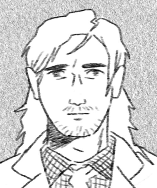 Black and white drawing of a white man with long hair looking ahead, with a white blazer, white tie, and a shirt with squares. Art is by Elle Shivers.