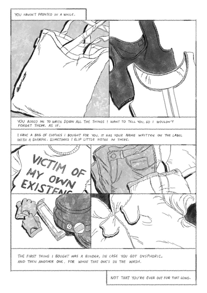 The white main character with long hair, lit by phone in hand, over text, “Protectors tend to like me. I was talking to one last week and I helped them de-escalate a situation. To be fair, I was actually more upset than they were.” A phone text screen, with incoming, “Thanks!/ I’ve never met a singlet who thinks like us lol,” and outgoing “Lmao/ You’re good” above an image of the same phone screen being held by main character on a dark background.