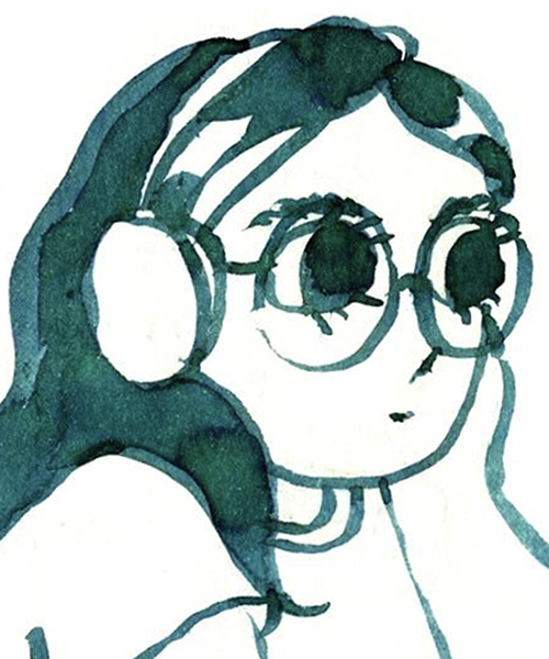 ink sketch of a femme person with glasses and headphones looking off to the side