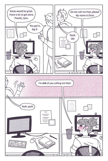 1: Dina looks up at a fluffy white magical-girl-looking fairy creature with a halo. It’s all sparkly and bright and says tada~ 2: Dina is incredulous! 3: “EXCUSE ME? I’m DEAD?”